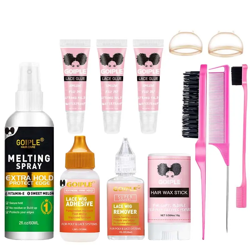All-in-One Lace Front Wig Install Kit, Extra Hold Melting Spray, Lace Adhesive Glue & Solvent Remover, Lace Glue Tubes, Edge Wax Stick, Wig Caps & Styling Brushes Set, Sweatproof Fast Dry Lace Glue for Undetectable Natural Hairline Wig Melting Routine