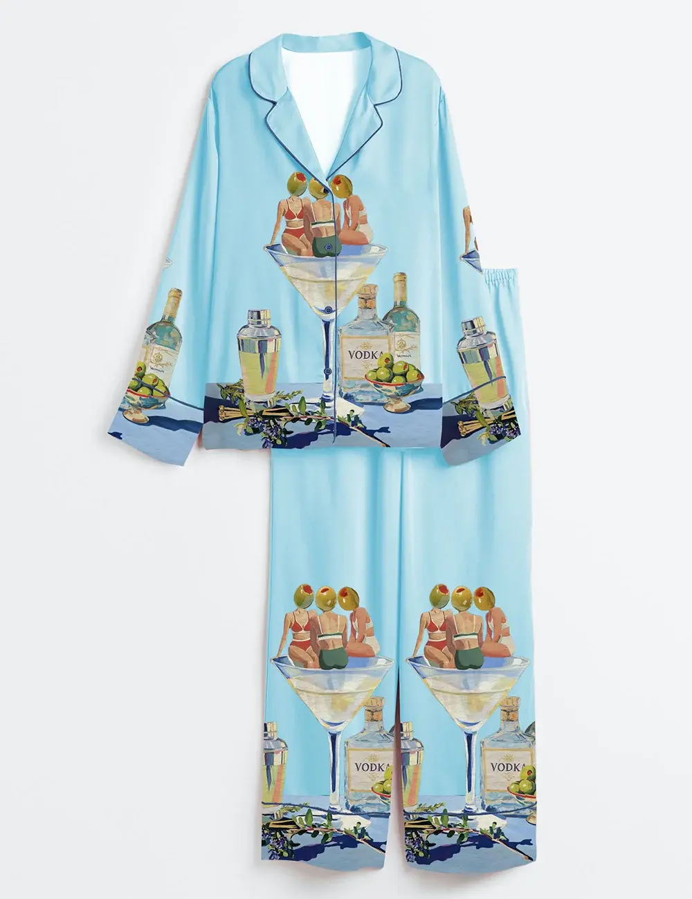 Women’s Vintage Dirty Martini Bar Retro Cocktail Print Long Sleeve Satin Pajama Set