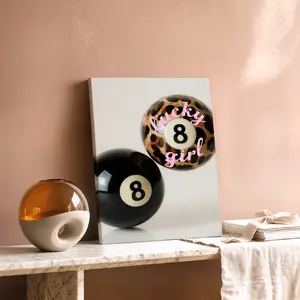 Trendy Wall Art, Lucky Girl 8-Ball Leopard Print Poster, Retro Y2K Funky Style Printing, Black Pink Brown Canvas Decoration, Living Room & Dorm Aesthetic, Perfect Housewarming Gift, Framed.