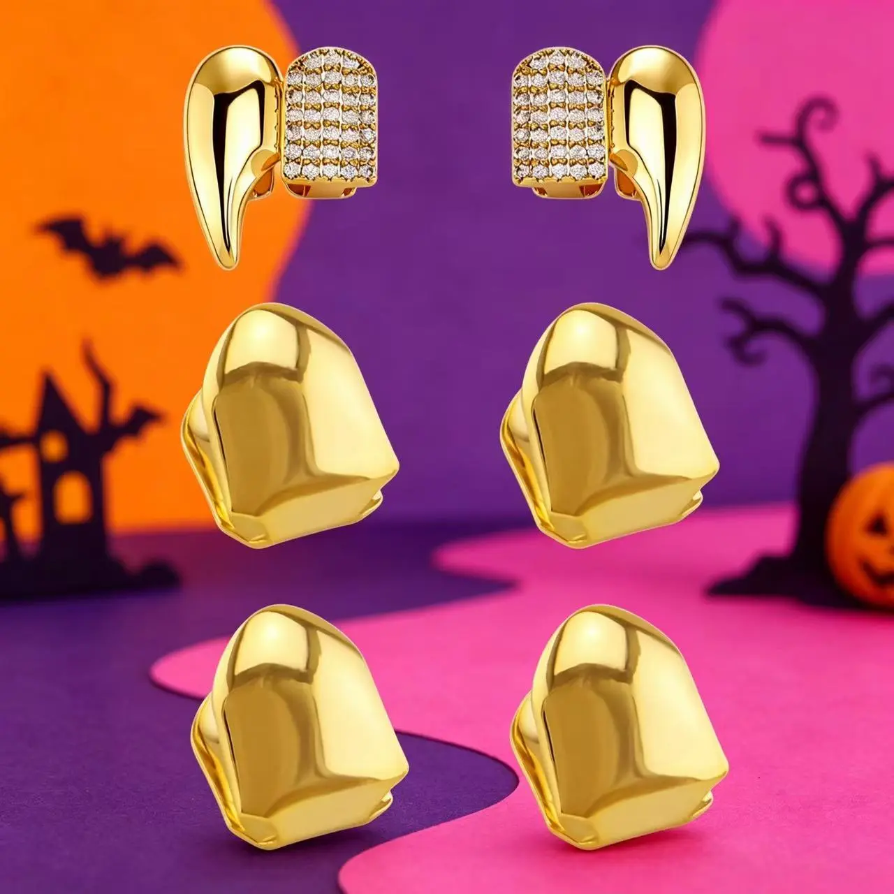 Gold Plated Iced Out Vampire Fangs Grillz Set, Removable Hip Hop Teeth Caps, Bling Rhinestone Dental Grills, Punk Vampire Tooth Jewelry for Halloween Cosplay, Nightclub Party, Rapper Stage Costume Accessories for Men Women
