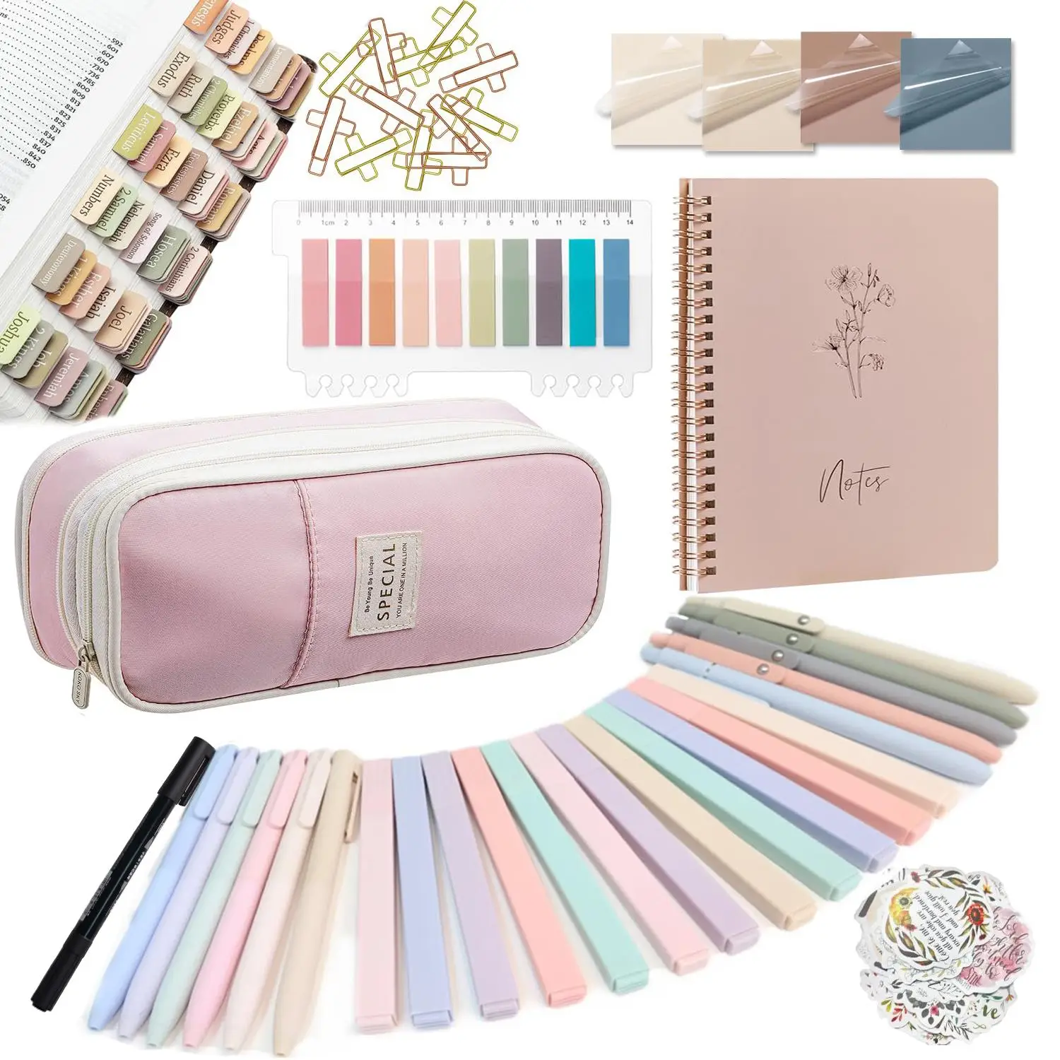 Bible Study Supplies Set, 1 Set Including Notebook & Pen Case & Highlighter & Sticky Note & Pen & Sticker & Clip & Maker & Tabs, Sticker Decorations,