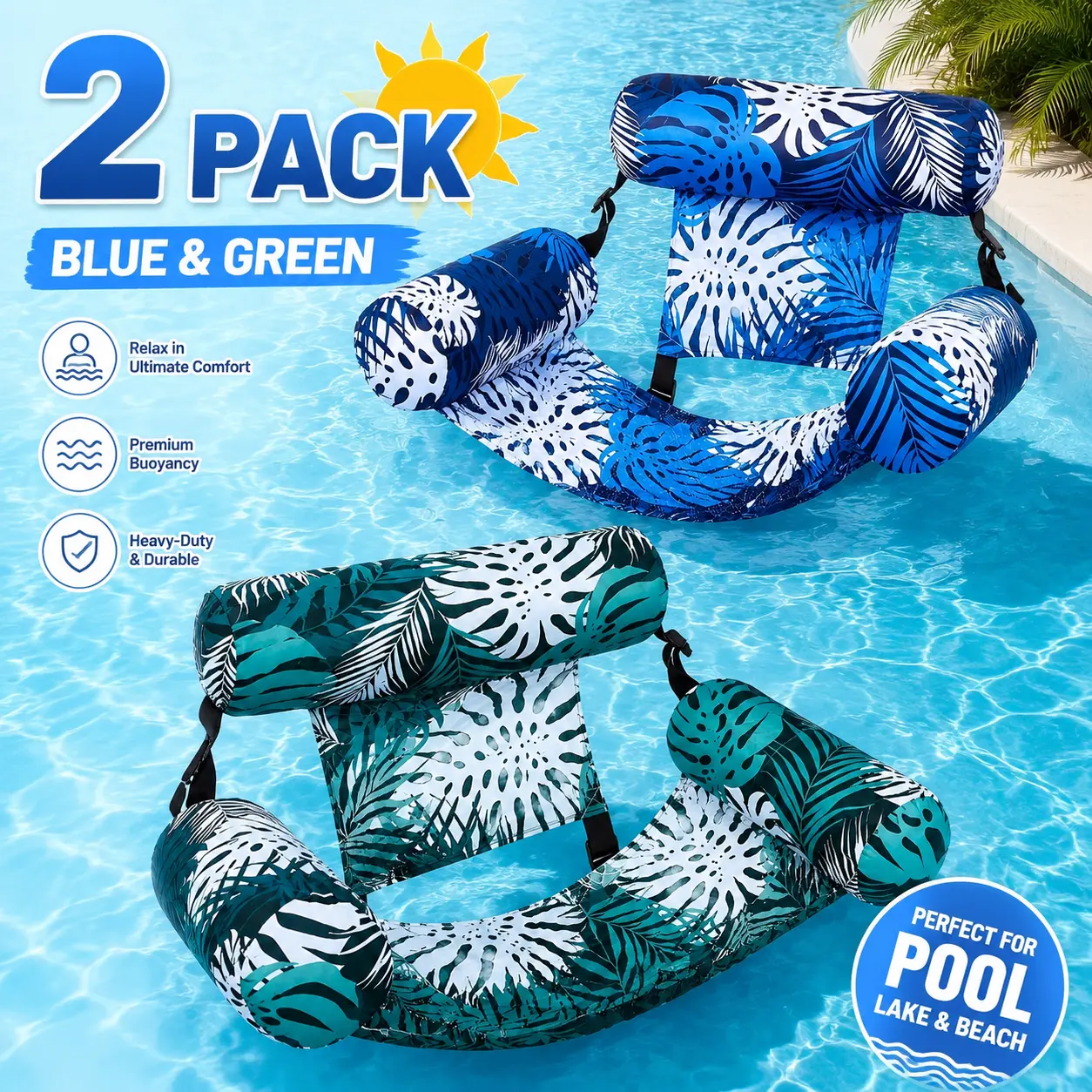 2-Pack Water Floating Hammock Lounger Inflatable Pool Chairs with Backrest, Comfortable Water Hammock Float Seat for Adults, Ideal for Pool Lake Beach Relaxation, Summer Vacation and Outdoor Water Leisure