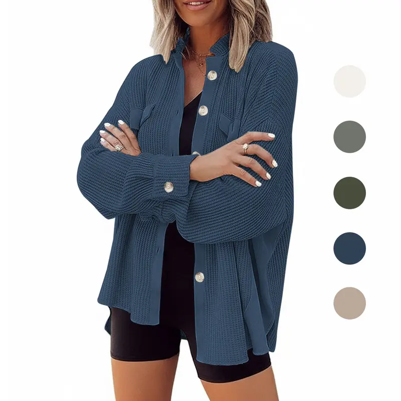 ETCYY Women's Waffle Knit Fabric Blouse - 2025 Fall-Winter Lightweight Long Sleeve Colorblock Wide Button-Down Casual Basic Split Top, Halloween Party Essential