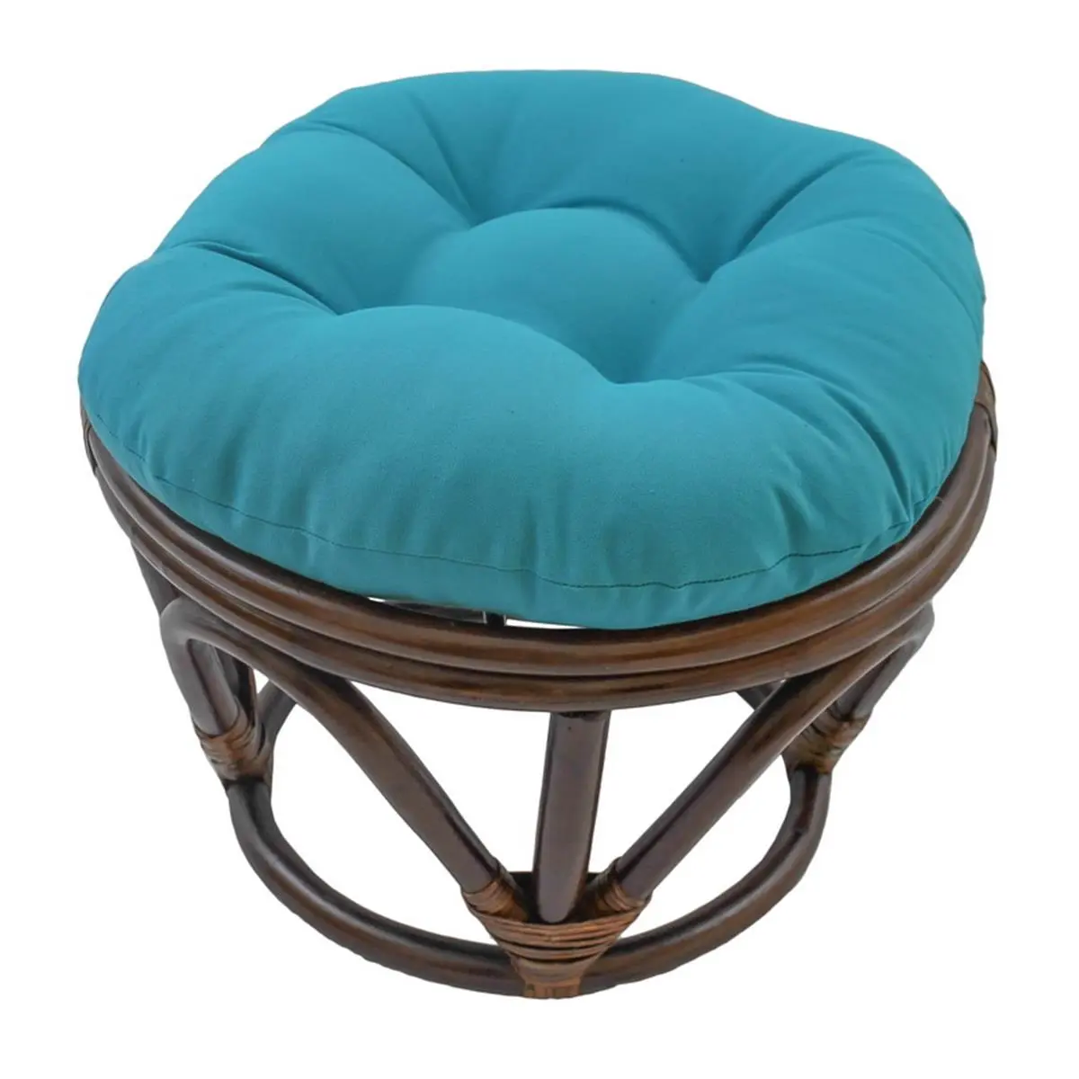 International Caravan Papasan-Style Rattan Footstool, Cushioned Twill Aqua Blue Cushion - Ideal for Sun Room, Enclosed Porch with Plush Look and Feel, Ottoman, Foot Rest Stools