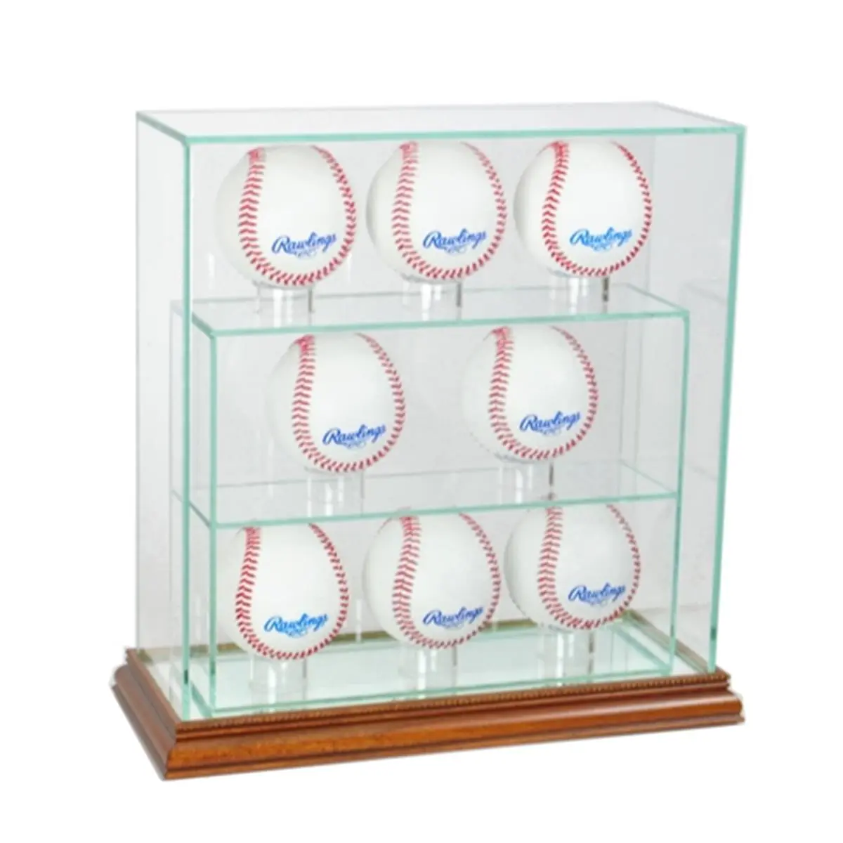 Perfect Cases 8UPBSB-W Walnut 8-Upright Wood & Glass Baseball Display Organiser Shelf, Real Wood Holder with All-Glass Racks & Displays, Holds 7-9 Autographed Items