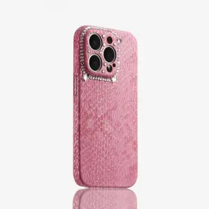 Charming Pink Snake-Textured Diamond-Encrusted Lens Ring Phone Case for Apple, Compatible with iPhone 16 Pro Max, 15/14 Models, Durable Shockproof Protective Case, Stylish Sparkling Cover, Anti-Drop and Scratch-Resistant