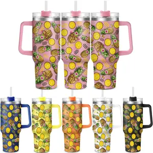 Pineapple Pattern Tumbler, 1 Count 40oz Stainless Steel Water Bottle with Lid, Drinking Cup for Home Office School Outdoor Camping, Drinkware