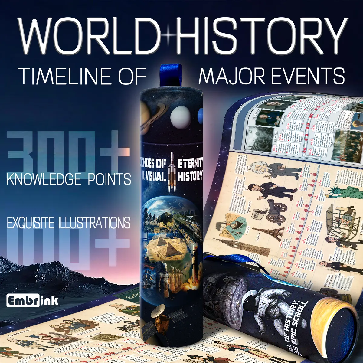 2M/6.5FT Double-Sided World History Discovery Scroll, 300+ Illustrated Milestones from Prehistory Through Modern Times, Solar System Reference on Reverse, Large Educational Wall Chart for Kids, Teens, Classrooms, Homeschool & History Lovers