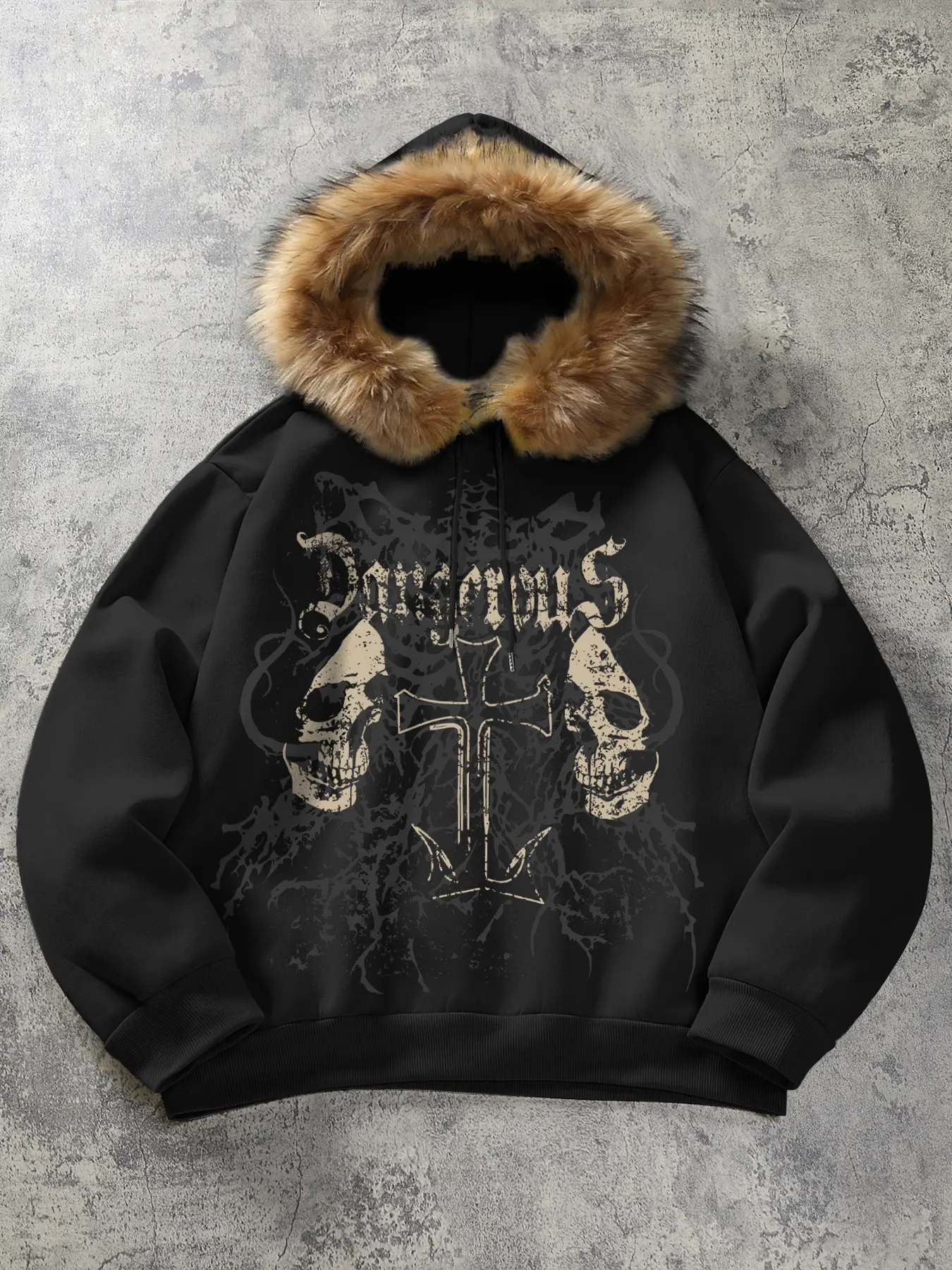 Men's Soft Fuzzy Fur Short Hoodie Rock Style Skull Letter Print Halloween, Long Sleeve Fitted Hooded Sweatshirt for School, Fall Winter Season Wear