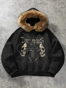 Men's Fuzzy Fur Short Hoodie Rock Style Skull Letter Print Halloween, Long Sleeve Fitted Hooded Sweatshirt for School, Fall Winter Season Wear