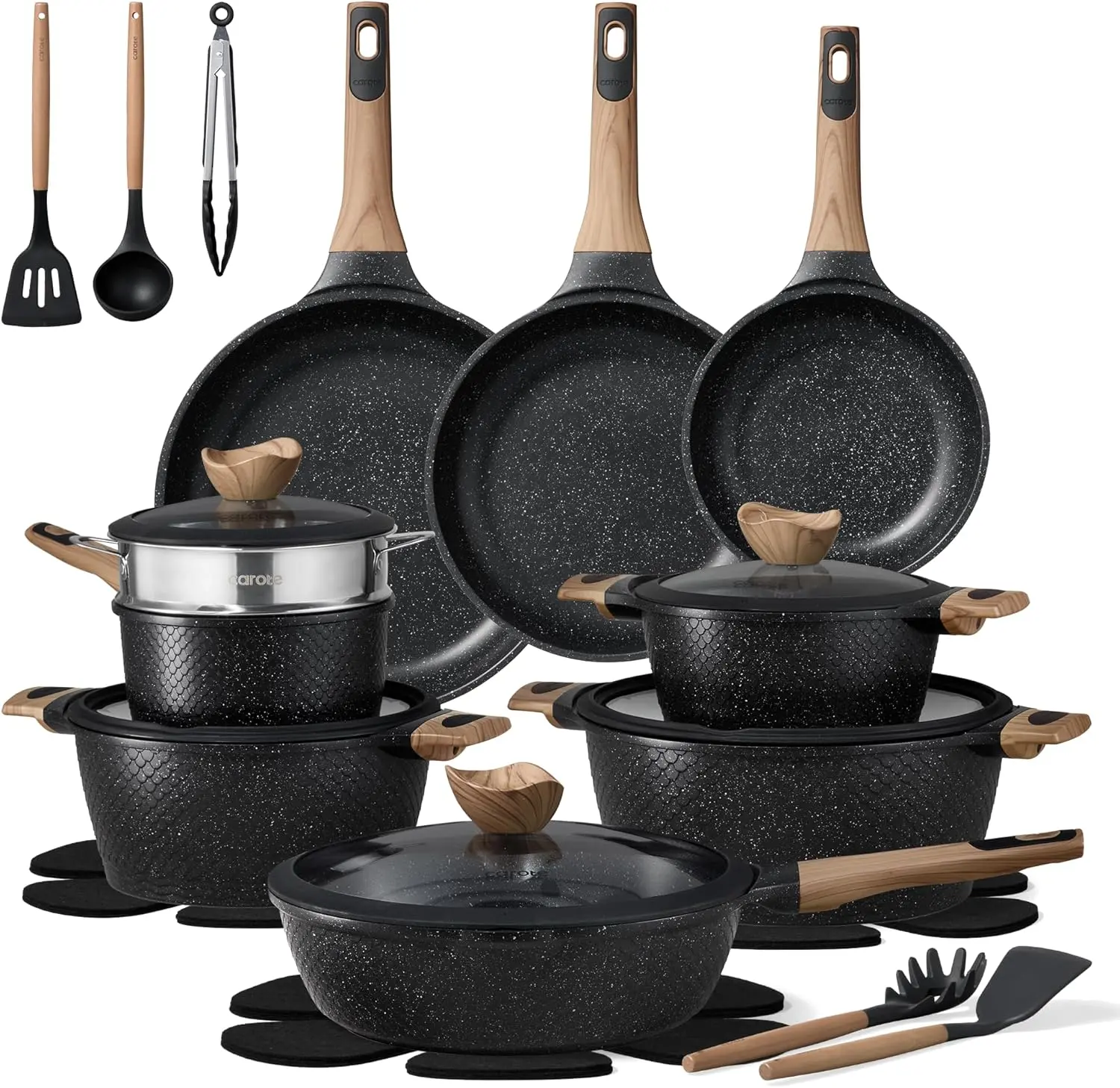 26PCS Pots and Pans Set Non Stick, Cookware Set Pots and Pans Induction Cook Ware, Nonstick Kitchen Cooking, PFOA Free, Black Aluminium