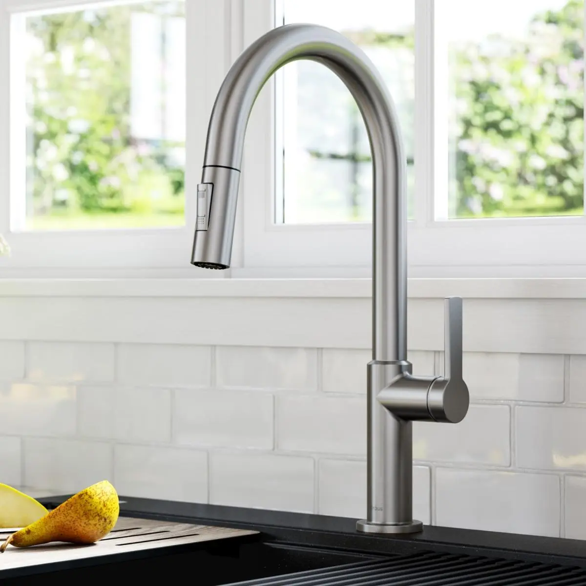 212 MAIN Kraus Oletto Pull-Out Pull-Down Kitchen Faucet - Brass, High Arc, Modern Sleek, Stainless Steel, Quick Install, Single Hole Kitchen Fixture Accessory, Pull Down Faucet