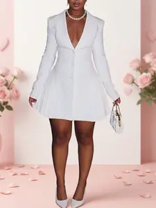 Women's Solid Color V Neck Pleated Dress, Casual Long Sleeve Dress for Spring, Ladies Clothes for Daily Wear