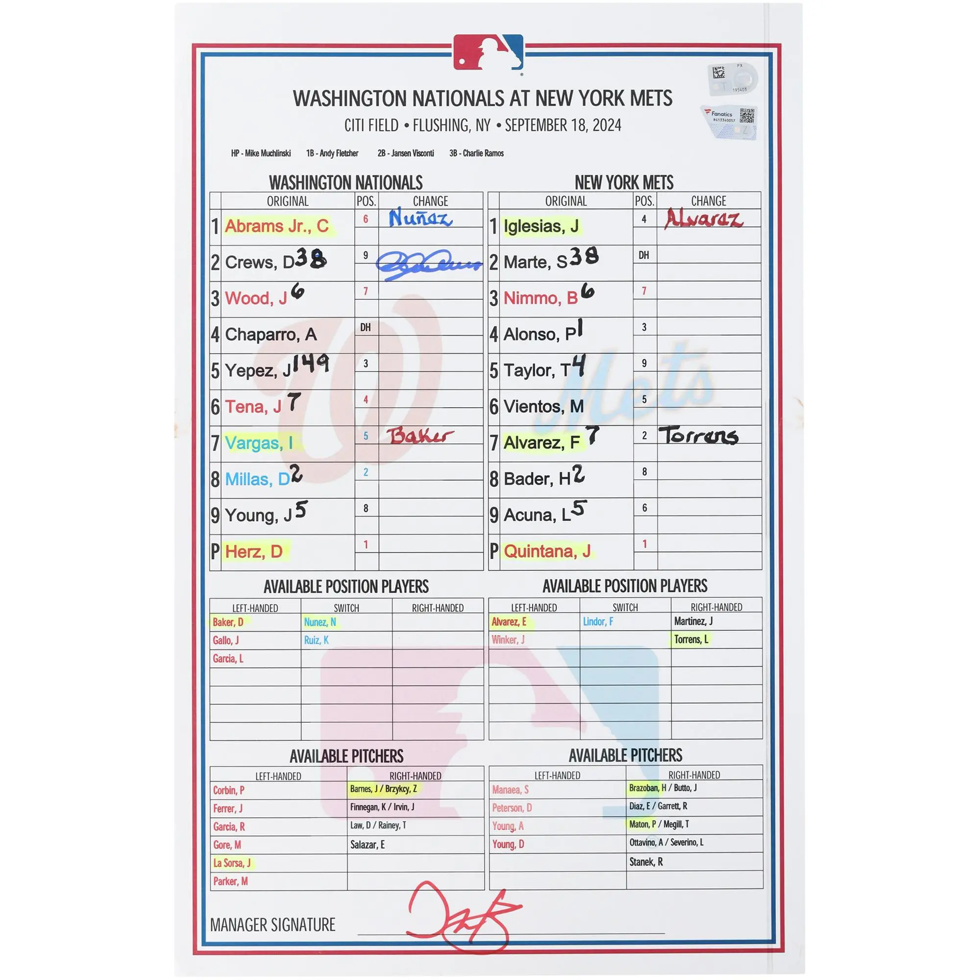 Dylan Crews Washington Nationals Autographed Game-Used Lineup Card vs. New York Mets on September 18, 2024 - Fanatics Authentic Certified