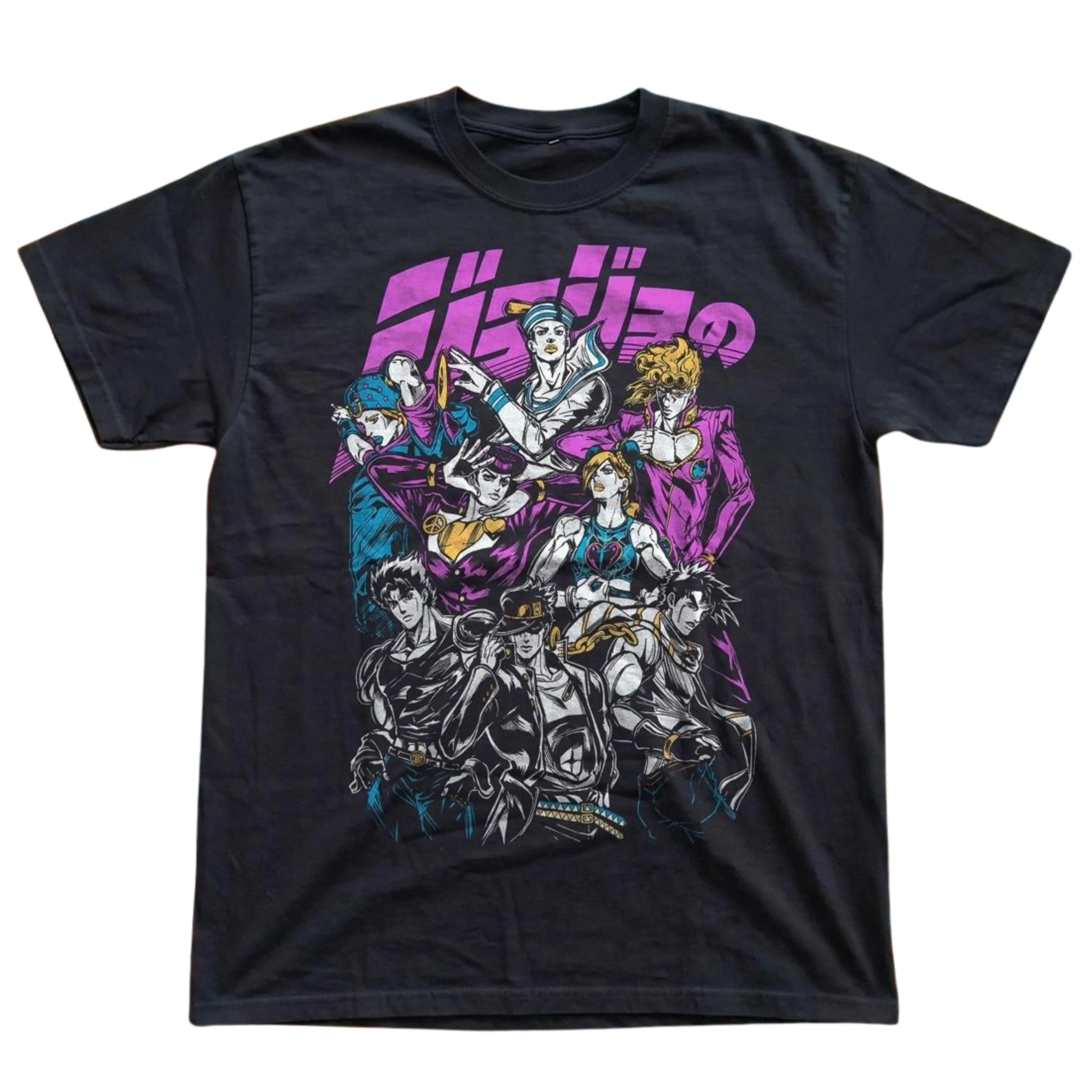 Gildan Men's and Women's T-Shirt, Vintage JoJo's Bizarre Adventure Character Graphic Tee, Jotaro Kujo Jolyne Shirt, JoStar All Star Merch, Retro Purple Japanese Logo Top, Shonen Manga Group Clothing, Grunge Pop Art Streetwear, Otaku Anime Apparel Unisex