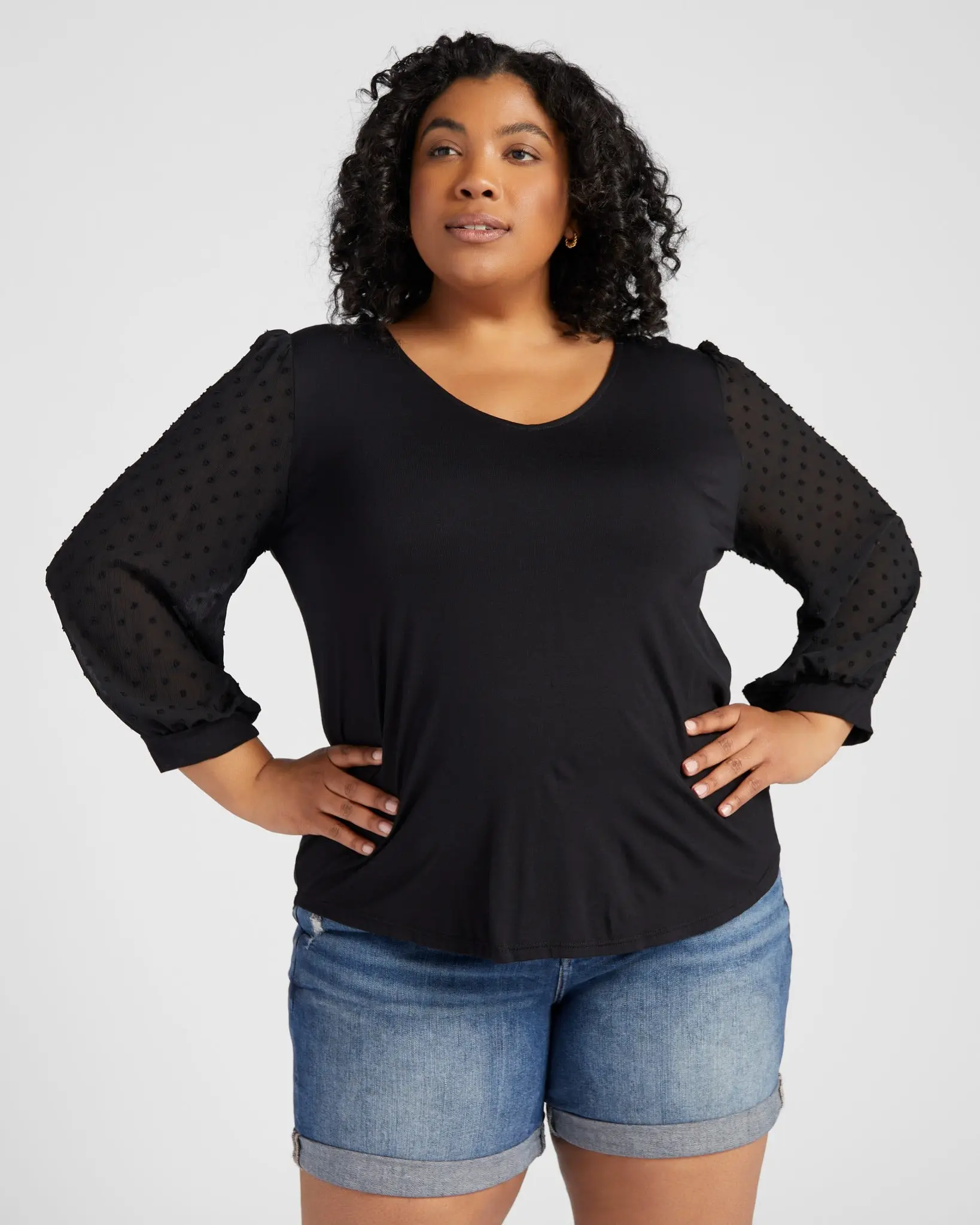 Plus Size V-Neck Top with Chiffon Sleeve