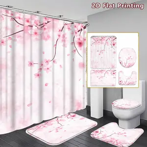 4PCS Cherry Blossom Shower Curtain set, Soft Pink Floral Bathroom Decor, Accessories with Bath Mat, U-shaped Mat, Toilet Lid Cover, 12 Hooks 180x180cm Curtain, Blossom Enthusiast, Home Decor, bathroom accessories, Flower