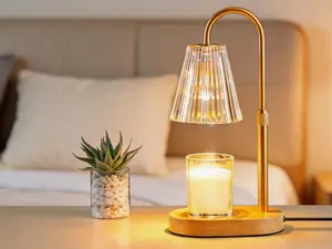 Amber glass candle warmer lamp featuring timer function, adjustable height and dimmable lighting. Flameless electric design safely heats jar candles, delivering soft fragrance and modern home decor.