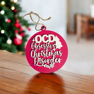 OCD Obsessive Christmas Disorder Decoration | Pink Christmas Home Decor & Gifts | Handmade Wooden Christmas Tree Ornaments & Hanging Decoration for Tree