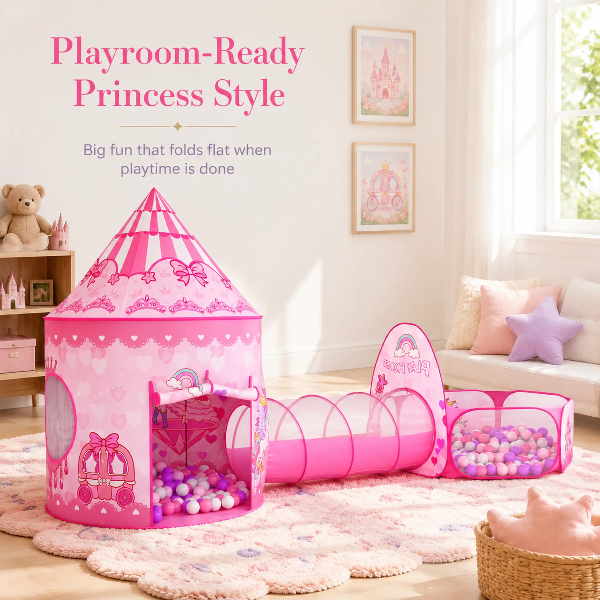 Apojungle 3PC Princess Tent for Girls with Kids Ball Pit & Crawl Tunnel Pink Portable & Instant Pop-up Playhouse Toys Indoor Outdoor Birthday Christmas Gifts Inflatable Bounce House