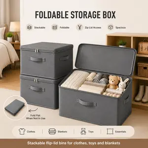 Foldable Storage Box with Flip Lid, Stackable Organizer Bin for Clothes, Toys, Blankets, Closet, Bedroom and Home Storage