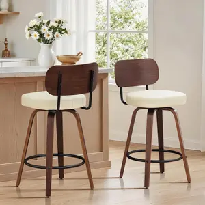 Swivel Bar Stools Set of 2,26" Faux PU Leather Counter Height Upholstered Island Barstools with Walnut Back & Bentwood Legs for Island/Kitchen/Counter/Bar
