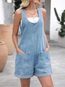 Women's Casual Loose-Fitting Sleeveless Light Wash Denim Jumpsuit, Short Plain Style, Summer Fashion, Perfect for Outing and Dates, New 2026 Design