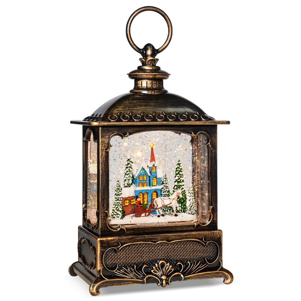 10" Christmas Snow Globe Lantern, Musical Lighted Snow Globe with Swirling Glitter, Santa & Snowman with Colorful Trees, Holiday Decorations Ornaments