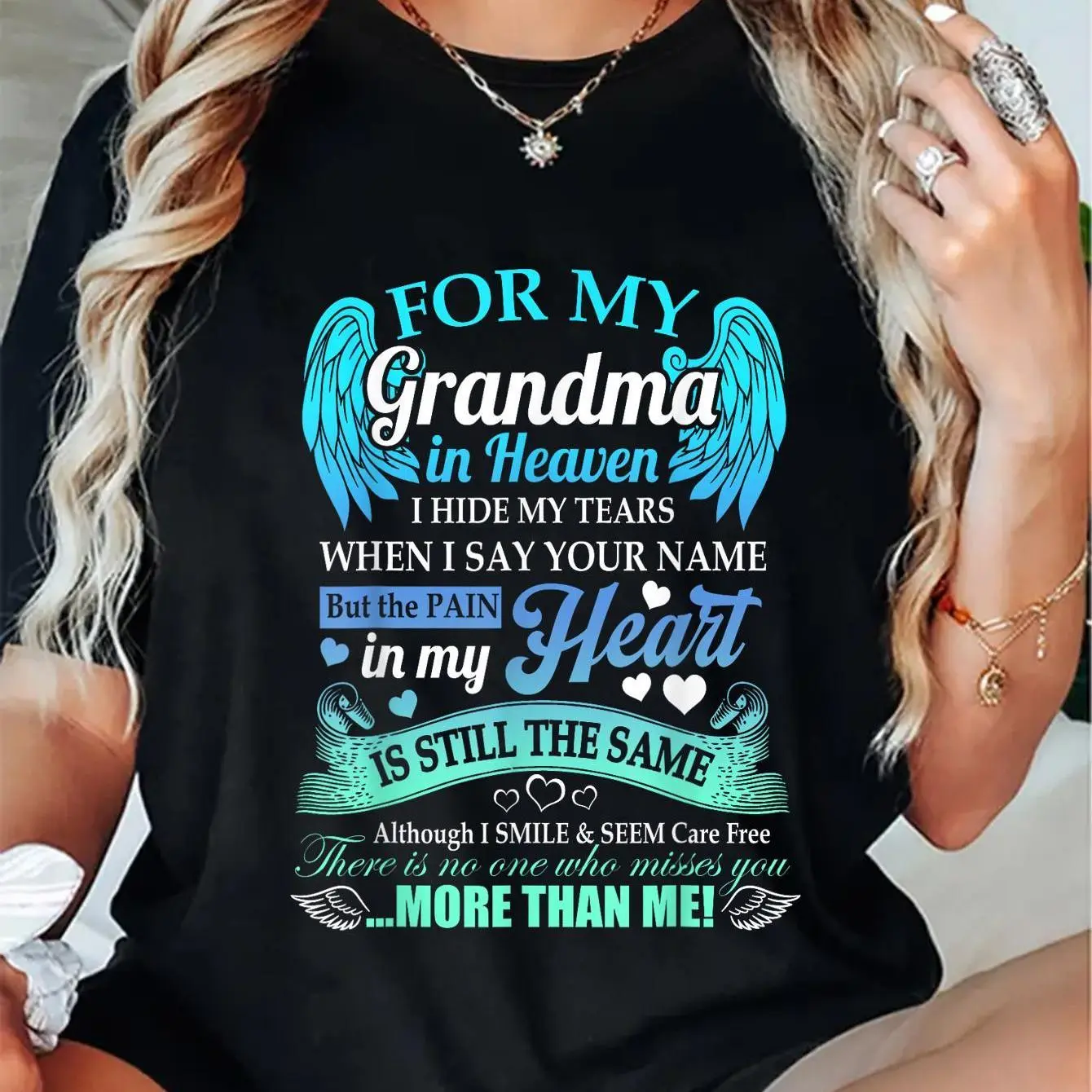 Women's 100% Cotton Vintage Shortsleeve Round Neck Graphic T-Shirt for Grandma, "In Heaven I Hide My Tears" Memorial Angel Wings Design with Heart Details, Soft Stretchy Fabric, Machine Washable, Everyday Clothes All-Season Lady Top, Loose-Fitting