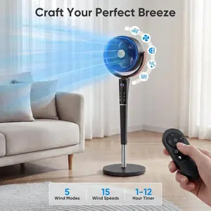 Bedroom Pedestal Fan, Quiet 20dB DC Air Circulator, 15 Speeds 5 Modes, 120° Oscillation, 12H Timer, 1050CFM Airflow, 37-45\" Adjustable Height, LED Light, Standing Fan with Remote
