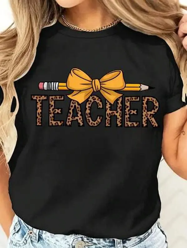 Women's Casual Teacher Graphic T-Shirt, Soft 100% Cotton Leopard Pencil Print Top, Short Sleeve Regular Fit Pullover, Geometric