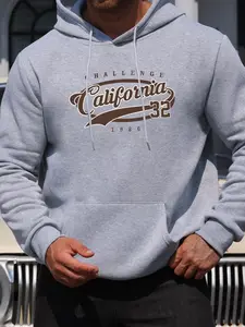 Men's Casual Hooded Sweatshirt, California Letter Print, Skateboard Enthusiast Essential, Kangaroo Pocket Drawstring Detail, Fall & Winter