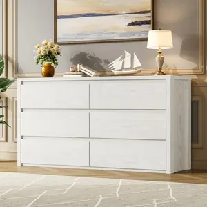 Garvee 6 Drawer Wide Wood Dresser for Bedroom, Modern Handle-Free Large Storage Chest of Drawers, Suitable for Living Room, Hallway, and Entryway