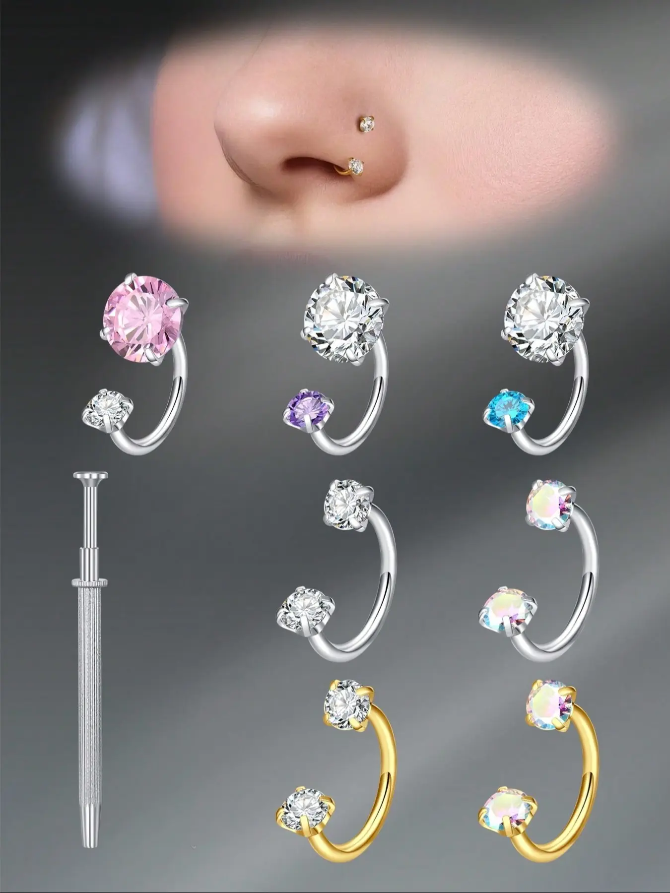 2PCS Stainless Steel Horseshoe Nose Rings, 16G Internal Thread Nose Rings For Women Men, Crystal Horseshoe Septum Lip Eyebrow Helix, Helix Cartilage Piercing, Ear Piercing Jewelry-8mm Piercing Taper Ball Grabber Tool Nose Piercings Set