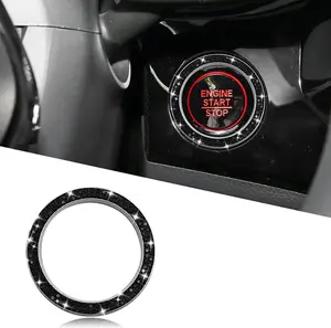 Car Bling Crystal Rhinestone Engine Start Decoration Ring, Sparkling Push Start Button Sticker, Key Ignition & Knob Ring Decoration, Bling Car Interior Accessories for Women (Black)