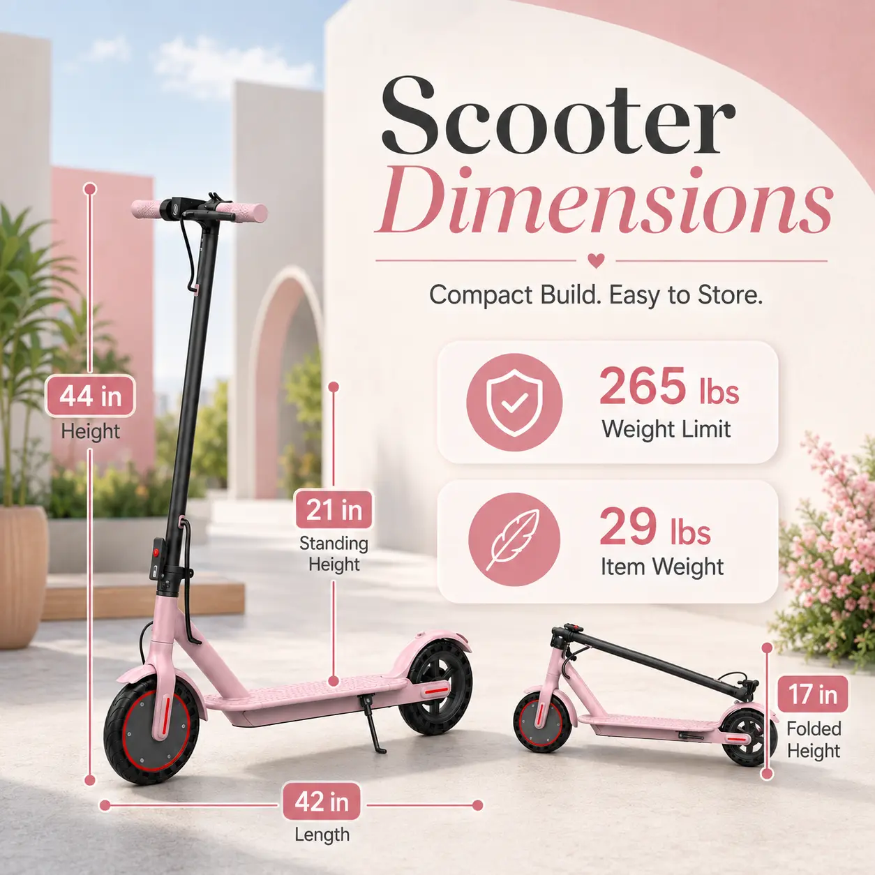 Foldable Electric Scooter for Adults, 350W Brushless Motor, 19 MPH Max Speed, Up to 21-Mile Range, App Control, 3 Riding Modes, Front & Rear Lights, Lightweight Pink Commuter E Scooter