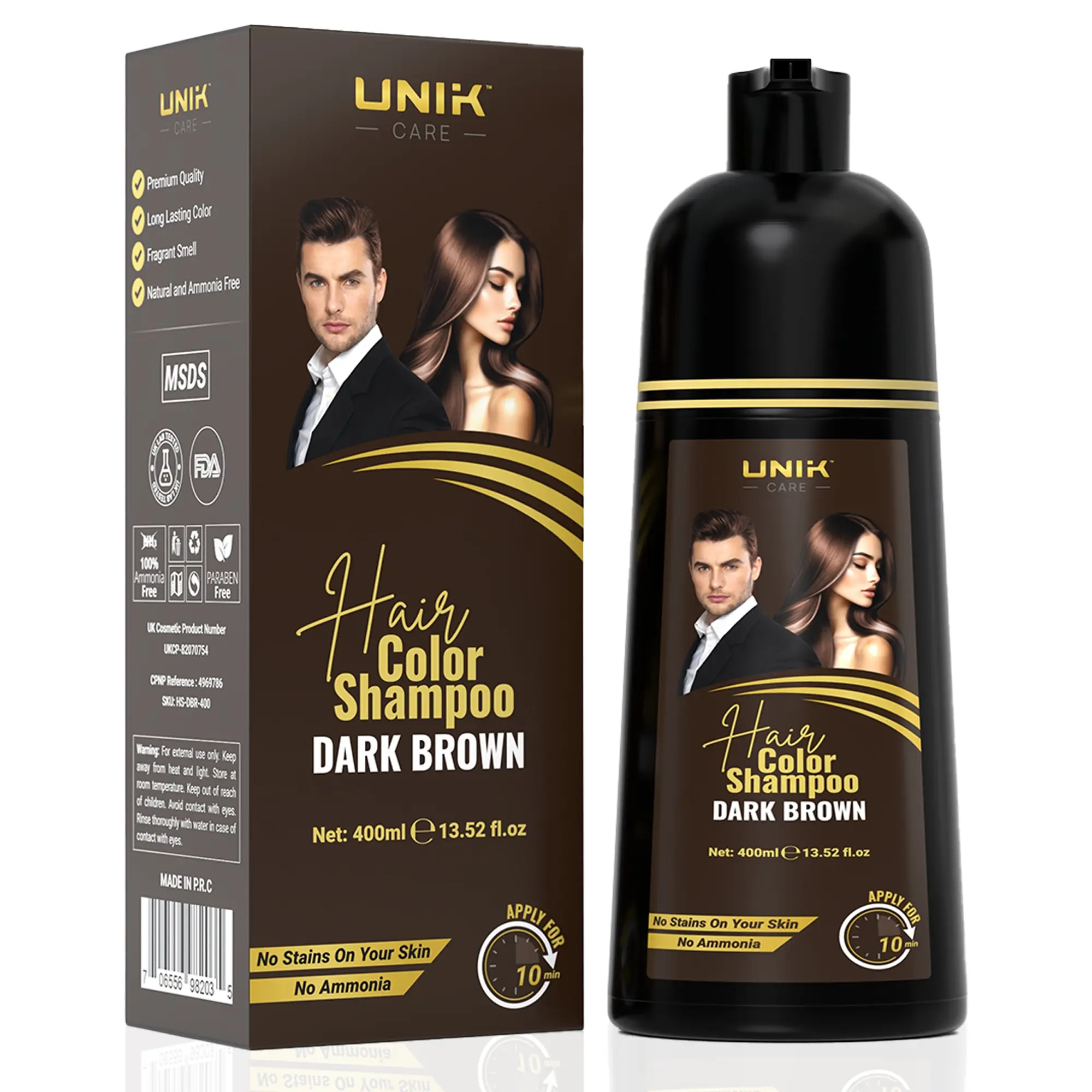 UNIK Care 400ml Hair Color Shampoo Natural Dark Brown Ammonia-Free Upgraded Ginseng Enriched 3-in-1 Formula for Men Women Salon-Quality Haircare