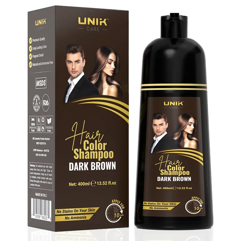 UNIK Care 400ml Hair Color Shampoo Natural Dark Brown Ammonia-Free Upgraded Ginseng Enriched 3-in-1 Formula for Men Women Salon-Quality Haircare
