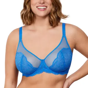 HSIA Blossom Unlined Vibrant Colors Plus Size Comfort Lace Sheer Mesh Full Coverage Underwire Non-Padded Bra Women Minimizer Bra