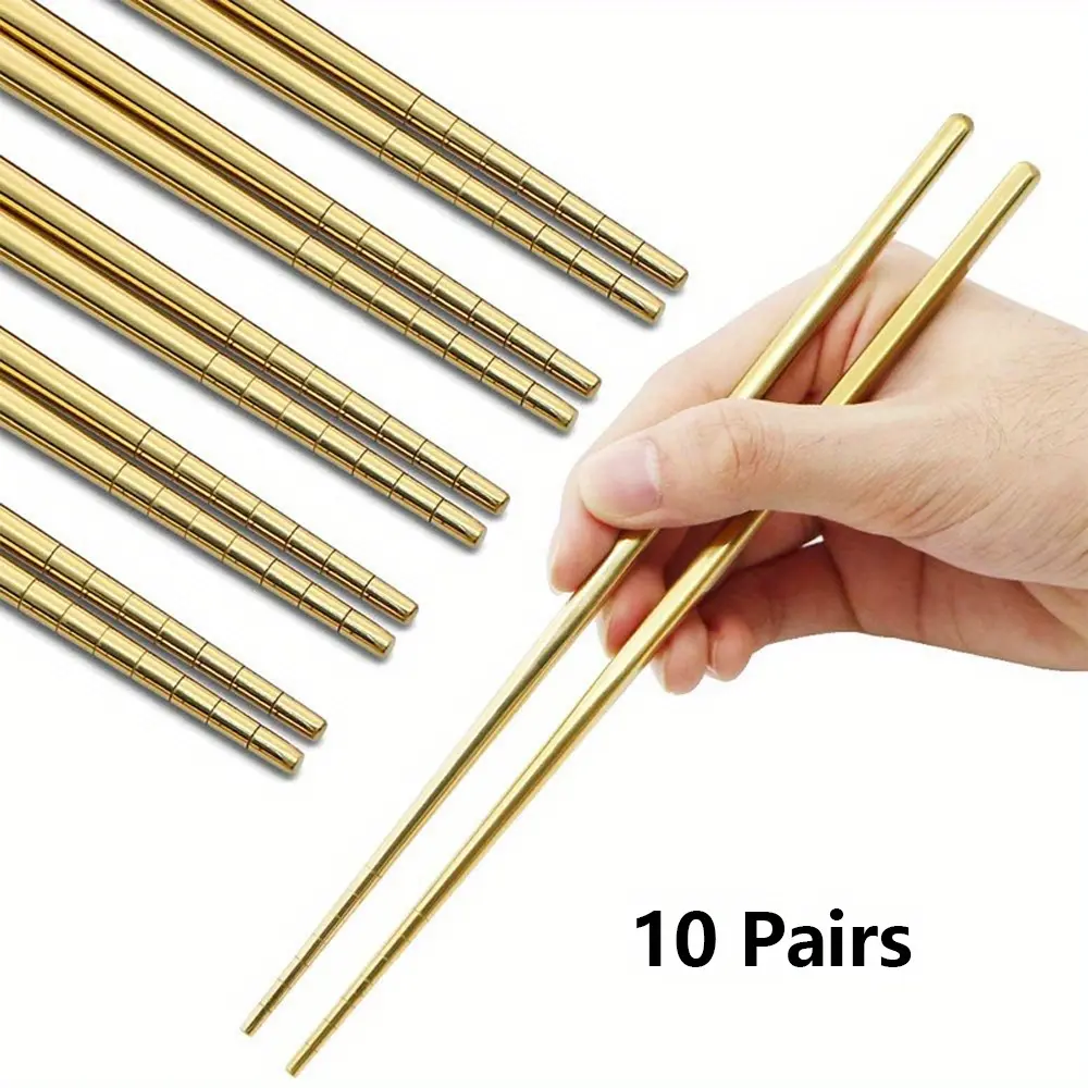 Reusable Gold Chopsticks 10 Pairs Set, 8.9 in Titanium Gold-Plated Stainless Steel Kitchen Tableware, Non-Slip & Dishwasher Safe for Dining, Korean Chopsticks
