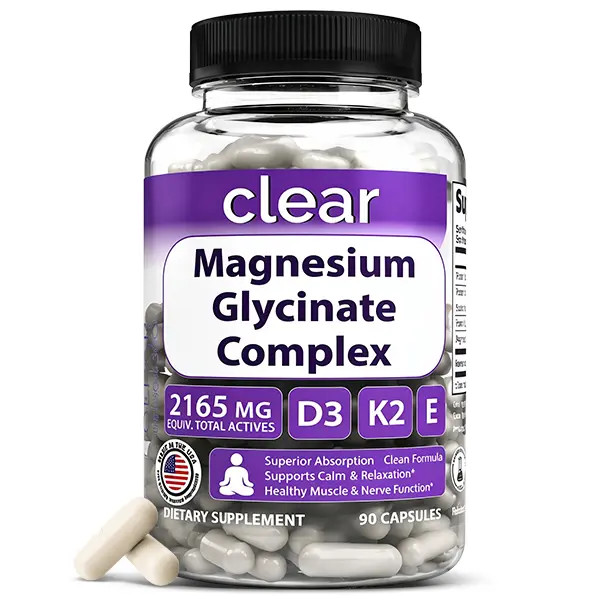 Clear Magnesium Glycinate Supplement 160mg with Vitamin D3 5000 IU, K2 MK-7 & Vitamin E | Magnesium Bisglycinate for Sleep Support, Calm Mood, Muscle Recovery & Bone Health | Melatonin-Free | 1 Capsule Daily