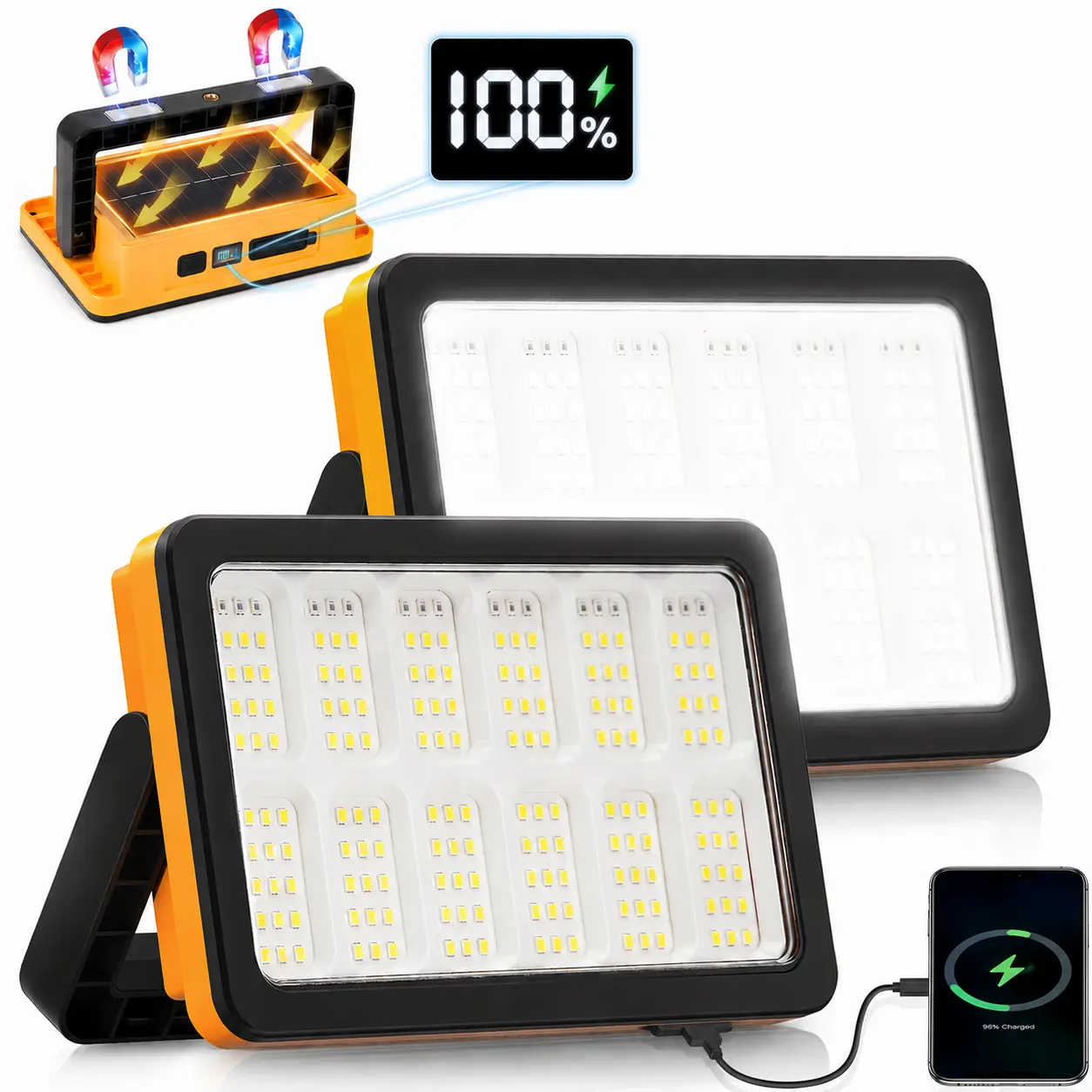 2-Pack Cordless Solar Rechargeable LED Flood Work Lights with Magnetic Base, 2 Charging Modes, 5 Lighting Modes, High Lumens, Digital Display, 180° Rotation, USB Output, IP66 Waterproof, for Auto Repair, Camping, Fishing & Emergency Use