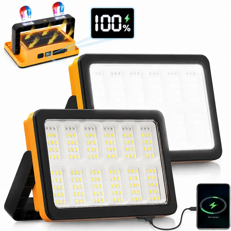2-Pack Cordless Solar Rechargeable LED Flood Work Lights with Magnetic Base, 2 Charging Modes, 5 Lighting Modes, High Lumens, Digital Display, 180° Rotation, USB Output, IP66 Waterproof, for Auto Repair, Camping, Fishing & Emergency Use，#SohoChic