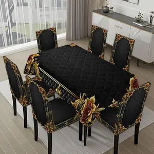 5/7-piece 2D Flat Printing Black and Gold Rose Pattern Printing Pattern Tablecloth and Chair Cover Set, for dining table and chair decoration, perfect for home, holiday gatherings, restaurants, and parties.