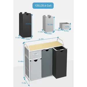 Laundry Sorter 3 Section, Laundry Hamper with Shelf and 1 Drawer, 35.7Gal(135L) Laundry Basket Organizer, Pull-Out and Removable Oxford Fabric Laundry Bags for Laundry Room, Bedroom, Bathroom