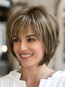 Women's and Short Straight Synthetic Wig, Bangs Design, Natural Layered Dye, Easy to Style, Breathable Headband