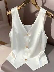 Elegant French V-Neck Sleeveless Satin Blouse, Office & Casual Wear, Perfect for Daily, Holidays, Teachers, Business Lunches