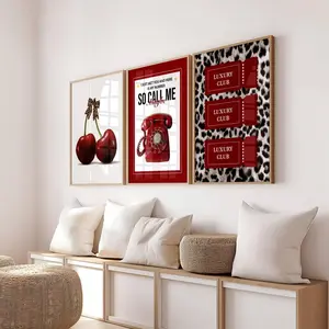 Trendy Y2k Gallery Set of 3 wall art print, Red Cherry Print, Luxury Club leopard cheetah poster, Girly Aesthetic Vibrant Maximalist Art