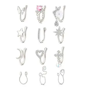 Fake Nose Ring Set Non-Piercing Adjustable Nose Hoops Jewelry for Halloween Party Music Festivals Graduation Party Silver Gold Pink CZ