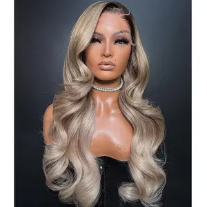 Milk Tea Ombre Brown Roots Body Wave Ash Blonde Colored 13X6 HD Transparent Lace Front Human Hair With Baby Hair 180% Density Can Be Restyled For Woman